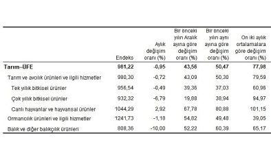 Tarım ürünleri üretici fiyat endeksi (Tarım-ÜFE) yıllık yüzde 50,47 arttı, aylık yüzde 0,95 azaldı